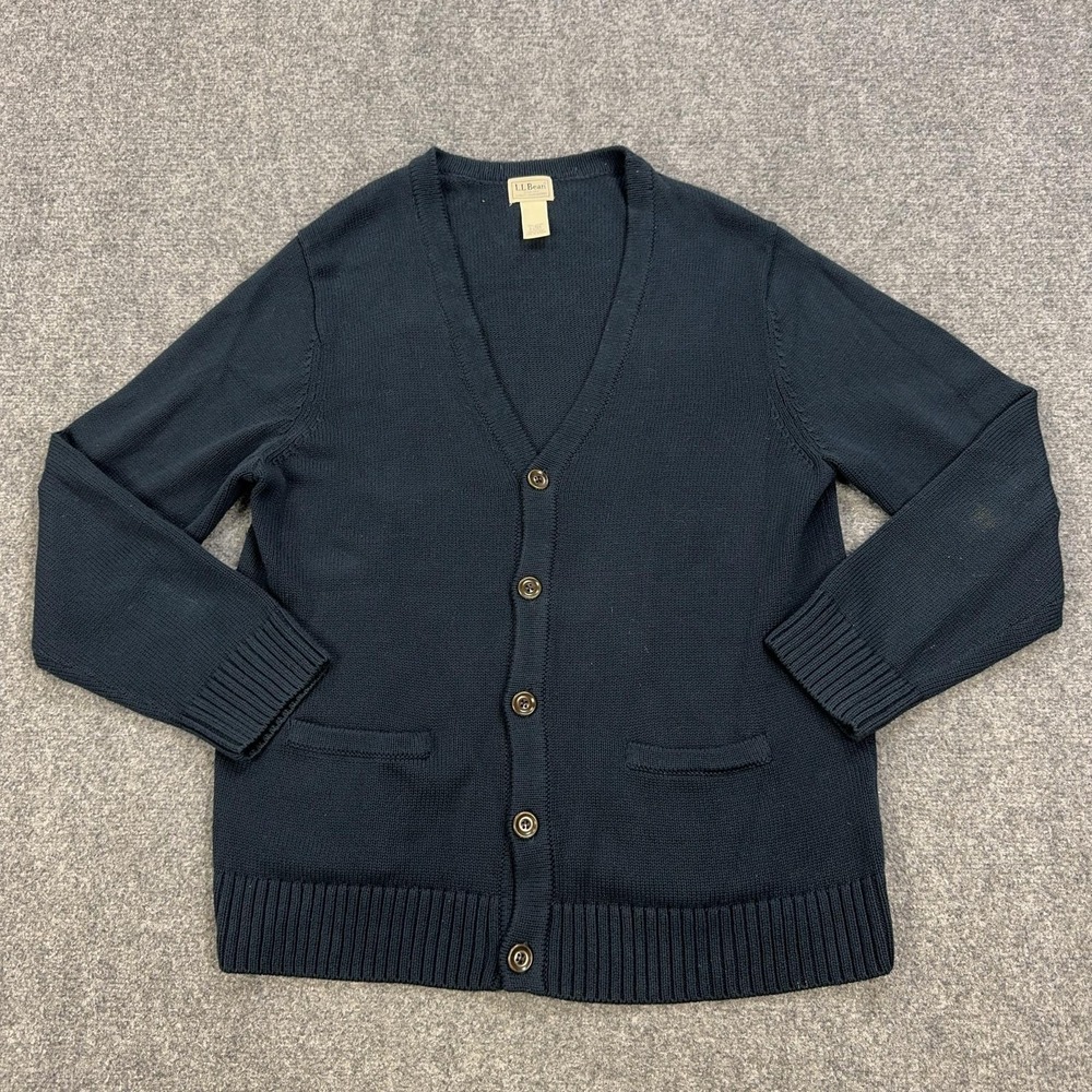 L.L. Bean Sweater Mens Large Blue V Neck Cotton Knit Cardigan Pockets Casual